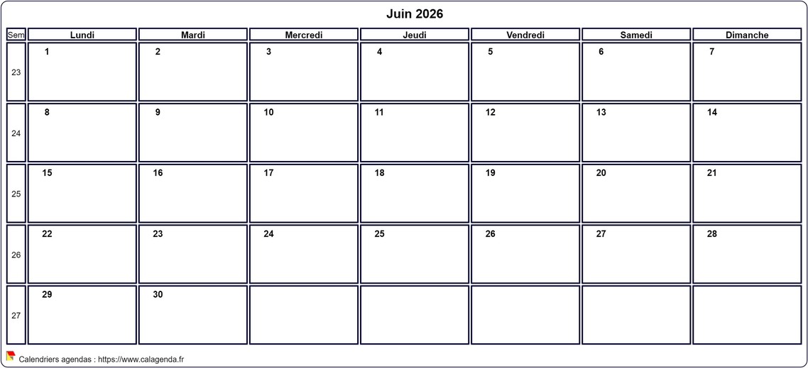 Calendrier juin 2026 personnalisable avec les vacances scolaires Calendrier juin 2026 personnalisable avec les vacances scolaires