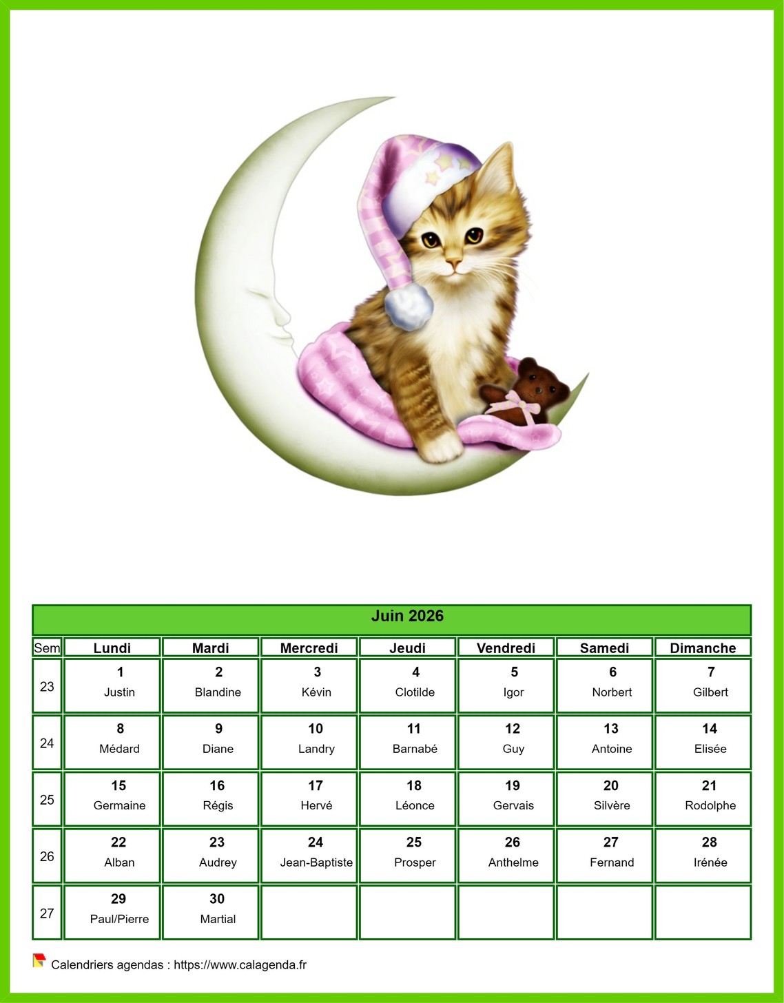 Calendrier juin 2026 chats