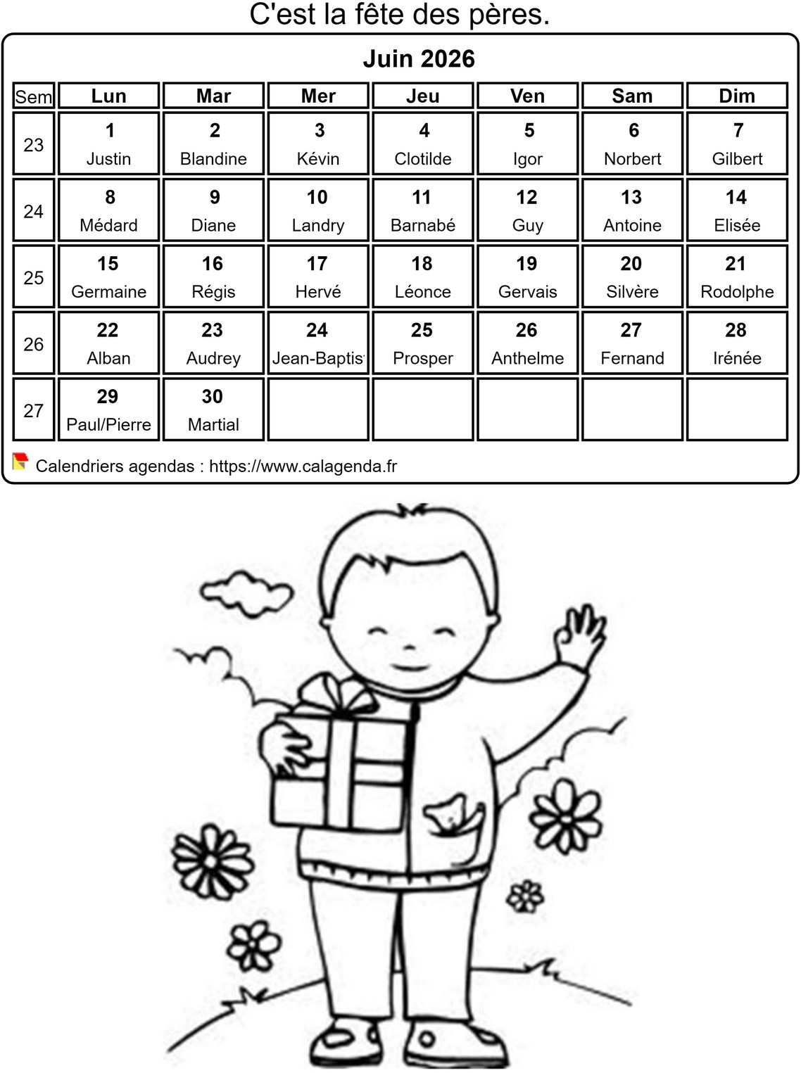 Calendrier 2026 à colorier du mois de juin