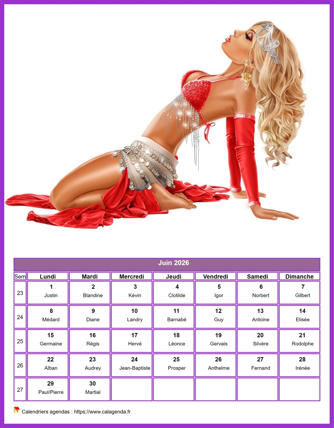 Calendrier juin 2026 femmes