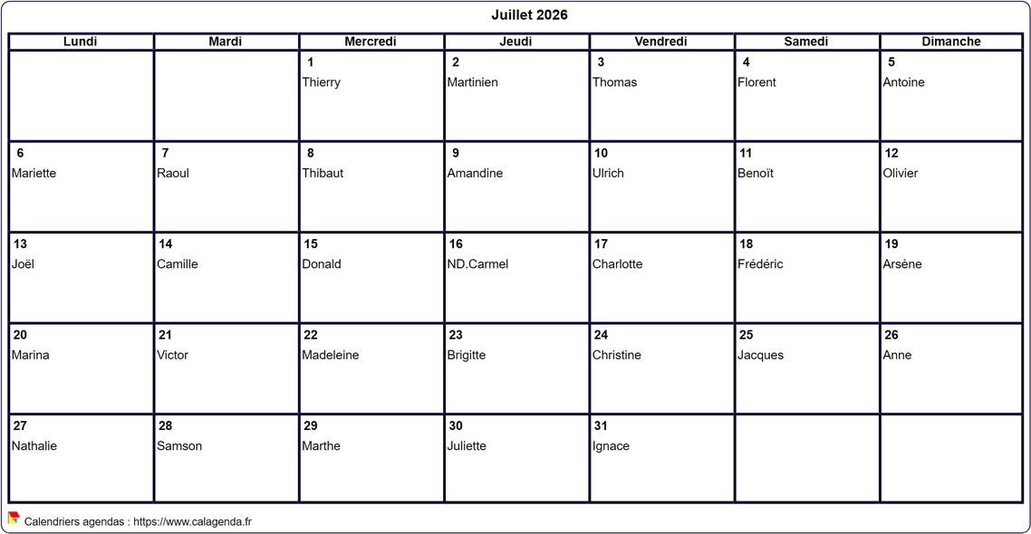 Calendrier juillet 2026 à imprimer vierge, avec les fêtes