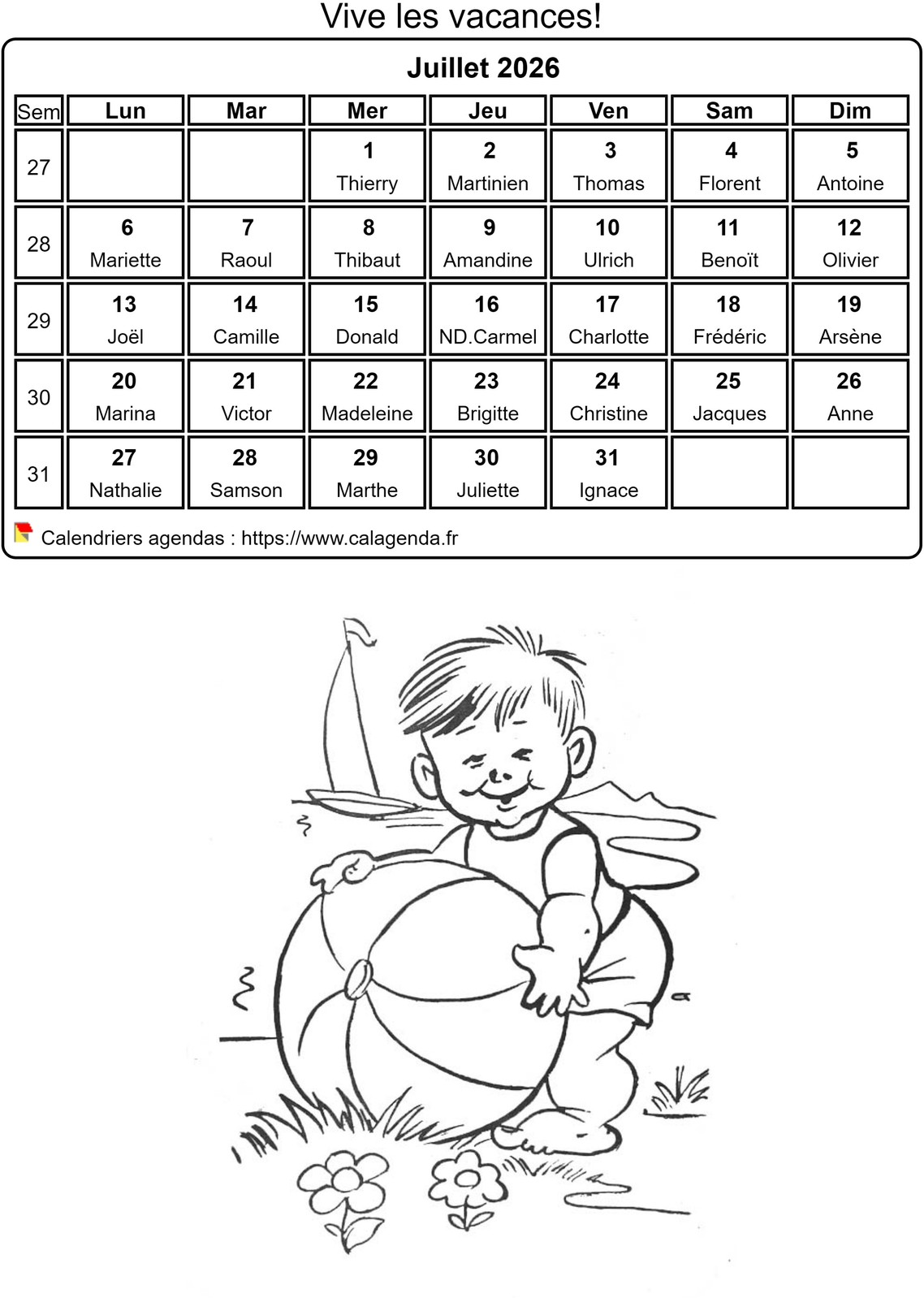 Calendrier 2026 à colorier du mois de juillet