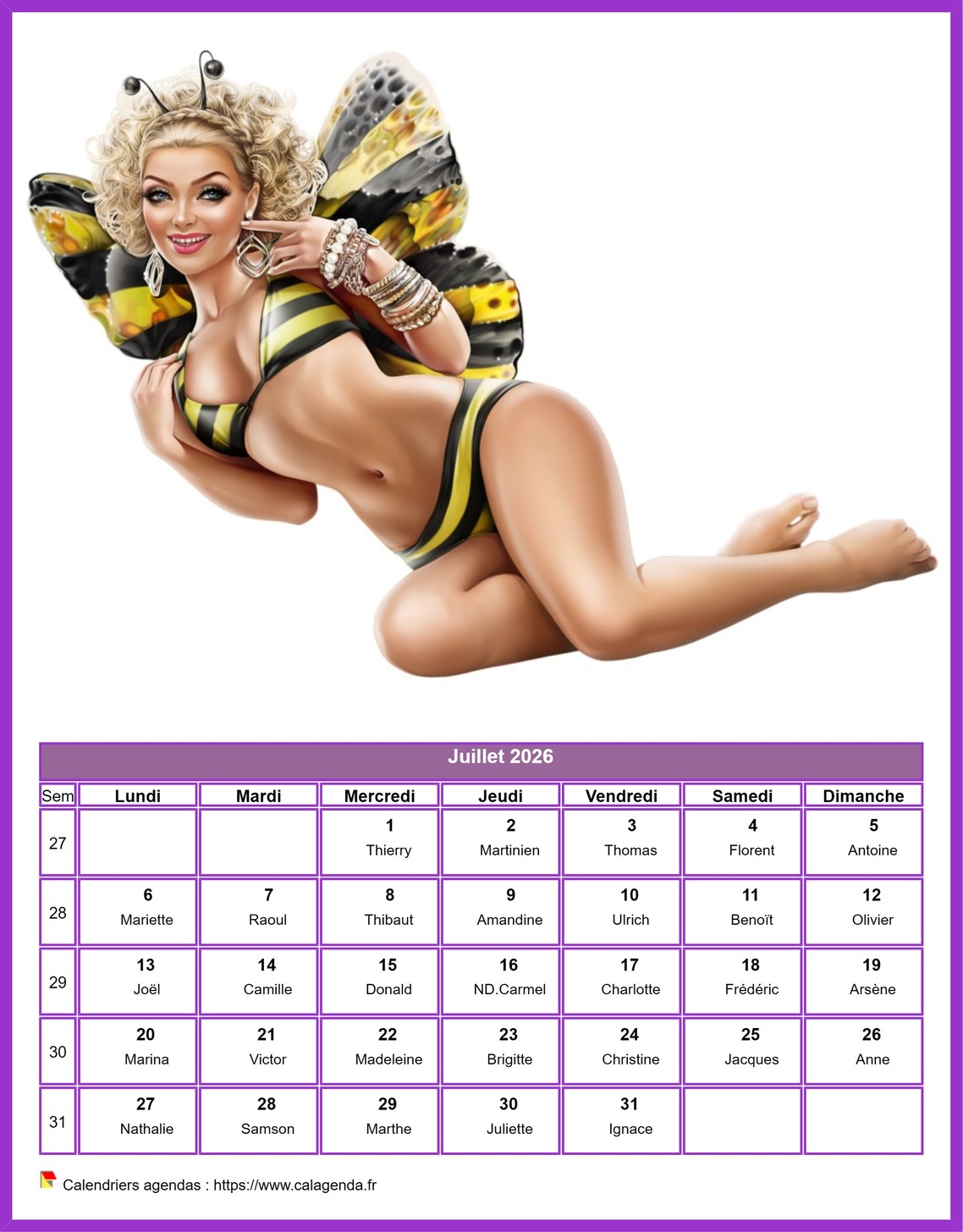 Calendrier juillet 2026 femmes