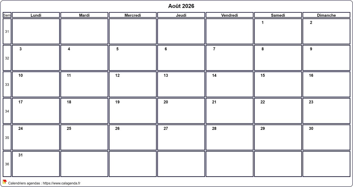 Calendrier août 2026 personnalisable avec les vacances scolaires