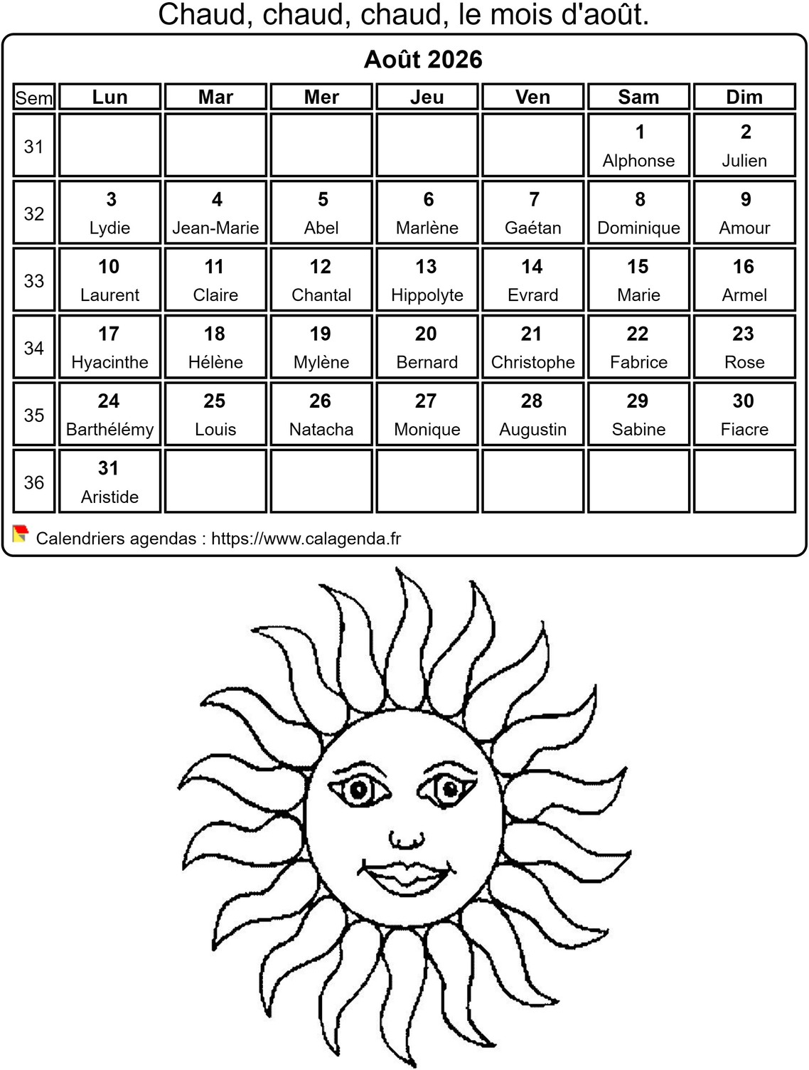 Calendrier 2026 à colorier du mois d'août
