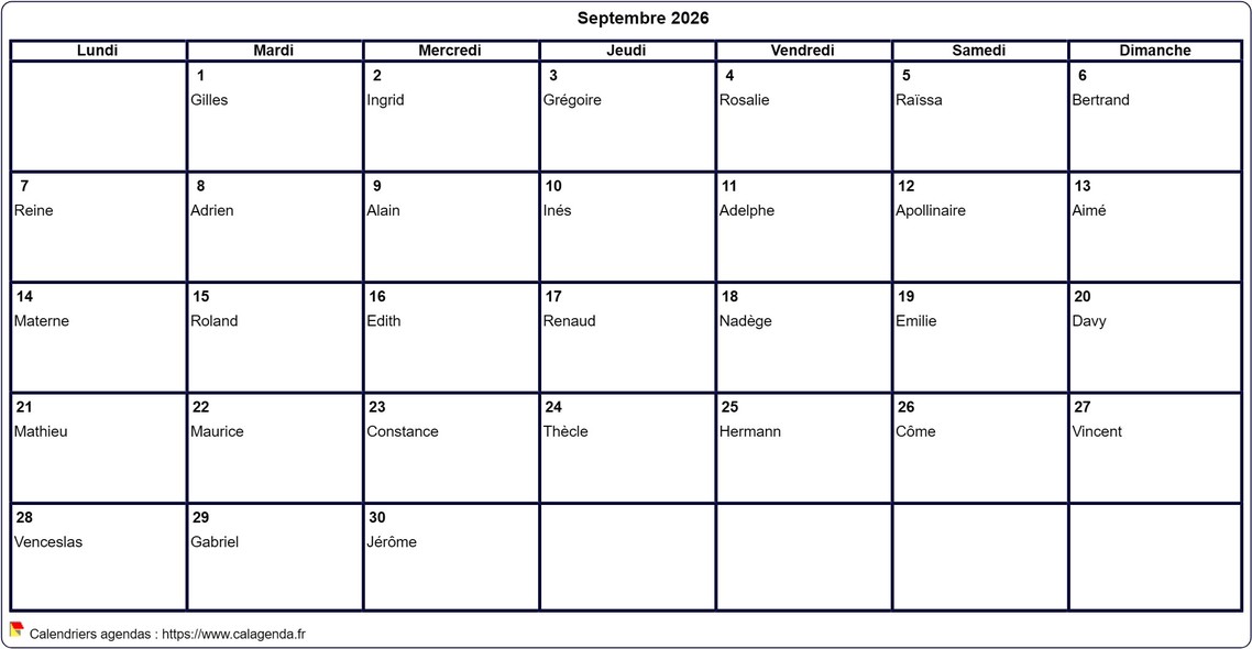 Calendrier septembre 2026 à imprimer vierge, avec les fêtes