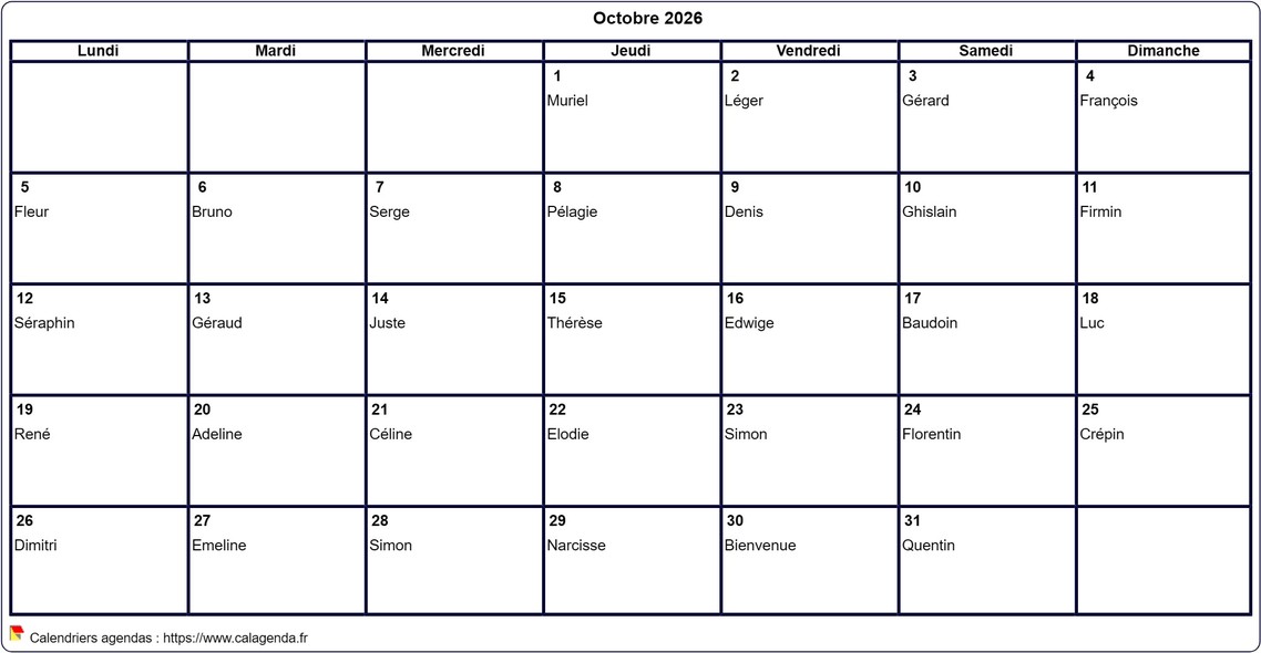 Calendrier octobre 2026 à imprimer vierge, avec les fêtes