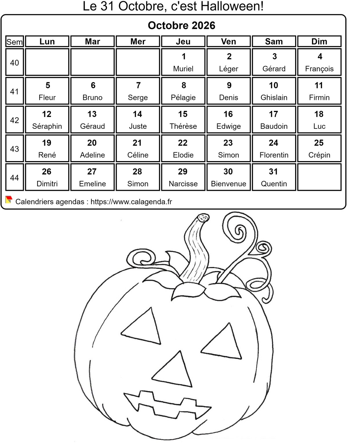 Calendrier 2026 à colorier du mois d'octobre