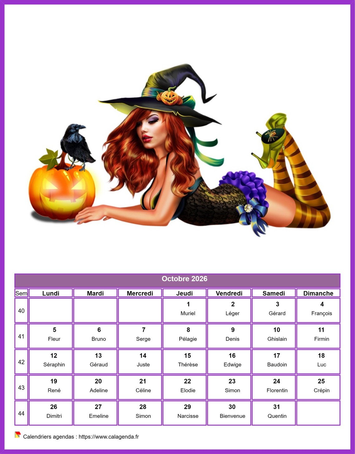 Calendrier octobre 2026 femmes