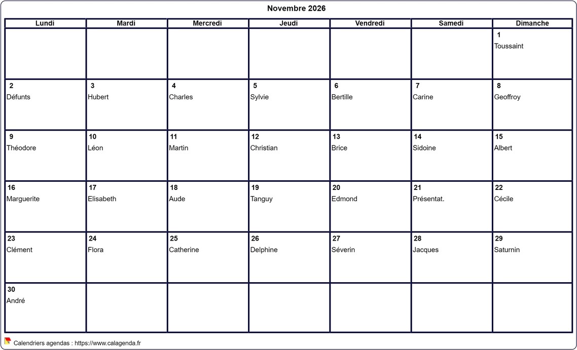Calendrier novembre 2026 à imprimer vierge, avec les fêtes