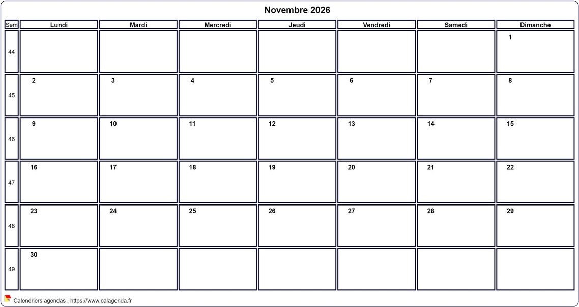 Calendrier novembre 2026 personnalisable avec les vacances scolaires