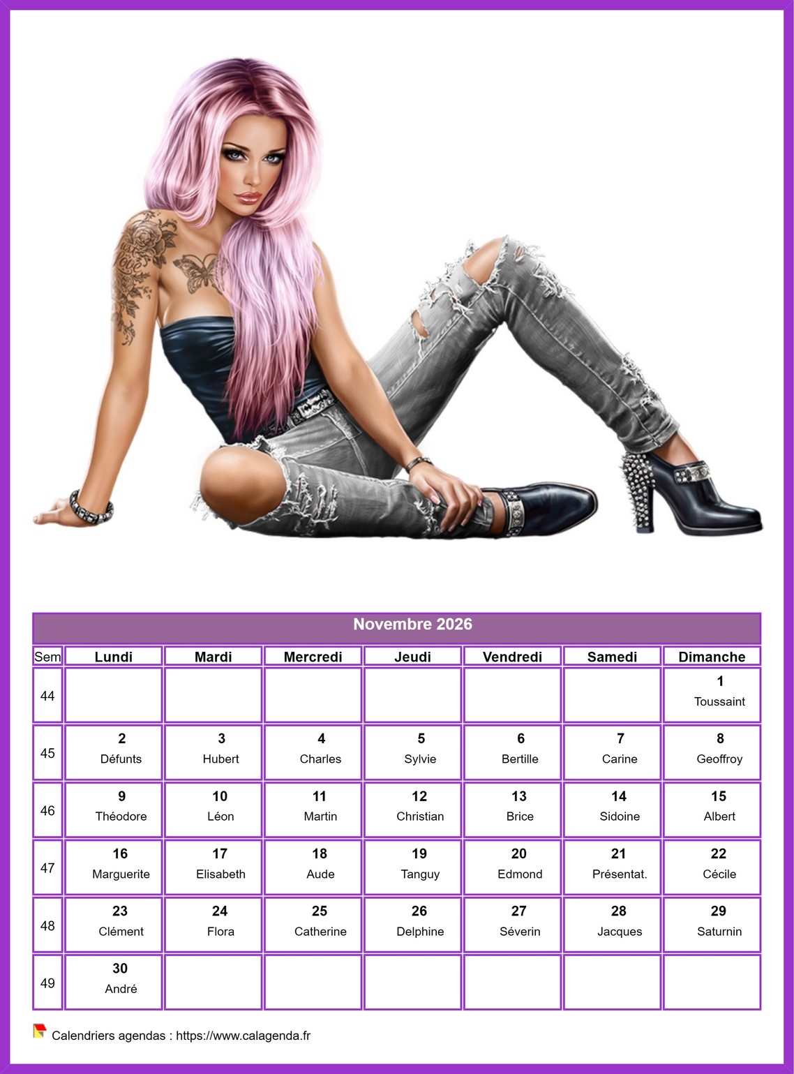 Calendrier novembre 2026 femmes