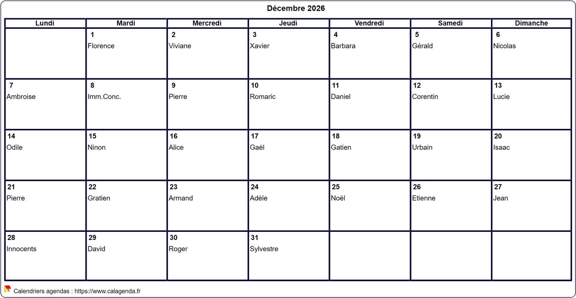 Calendrier décembre 2026 à imprimer vierge, avec les fêtes
