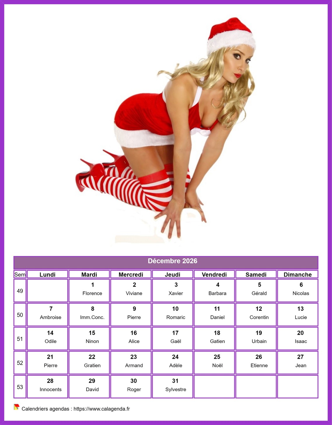 Calendrier décembre 2026 femmes