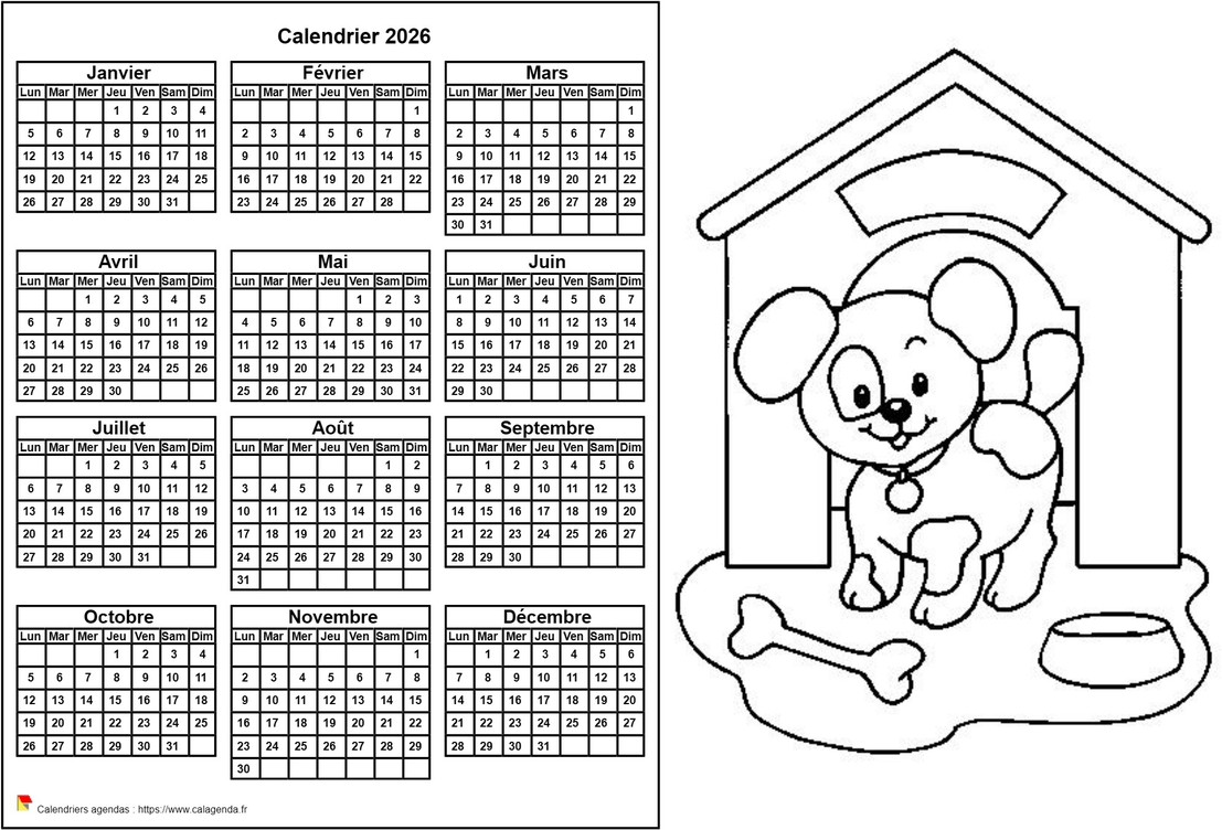 Calendrier 2026 à colorier annuel, format paysage, pour enfants