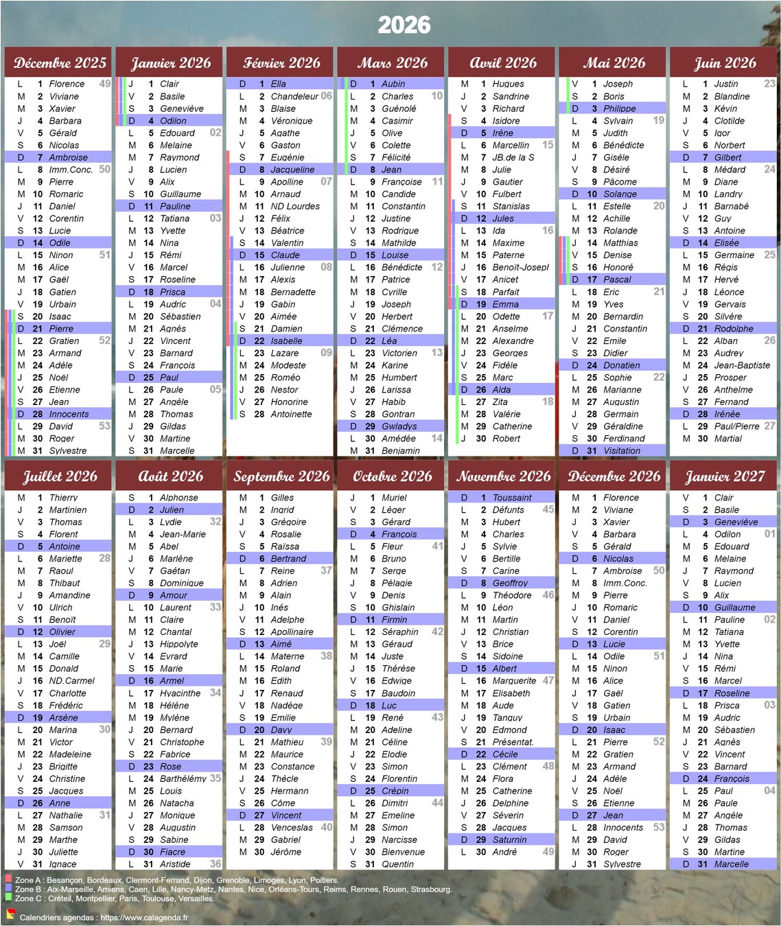 Calendrier 2026 à imprimer 14 mois avec les fêtes et les vacances scolaires