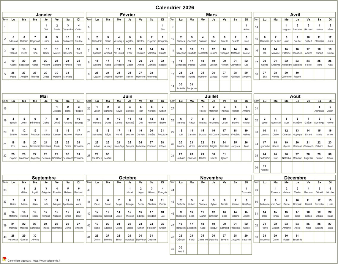 Calendrier 2026 à imprimer, annuel avec les fêtes, format paysage, sous-main ou mural