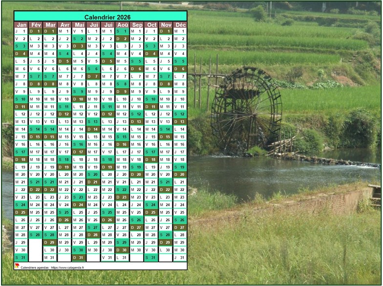 Calendrier 2026 annuel à imprimer, une colonne par mois, format paysage, placé sur une photographie