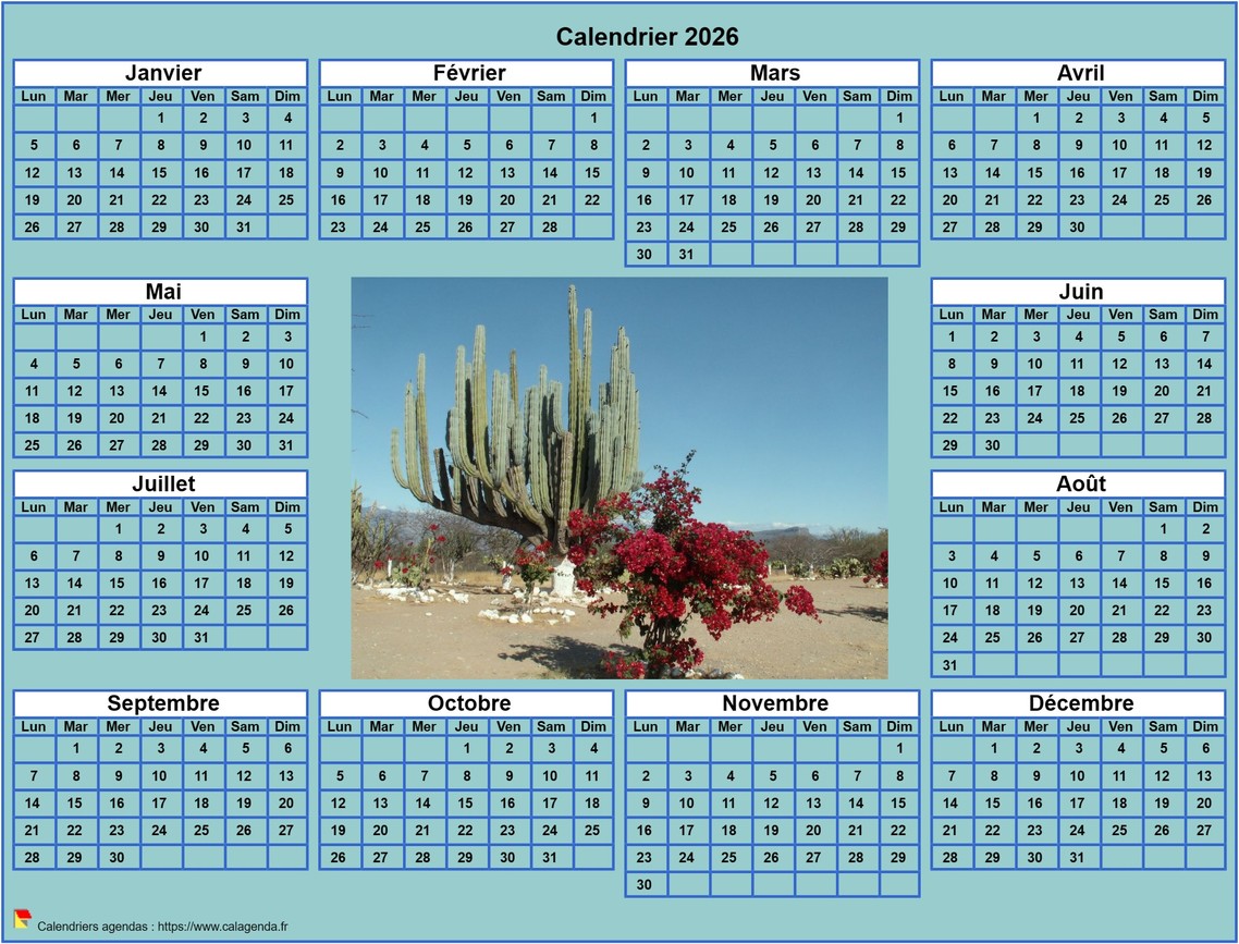 Calendrier 2026 photo annuel à imprimer, fond cyan, format paysage, sous-main ou mural