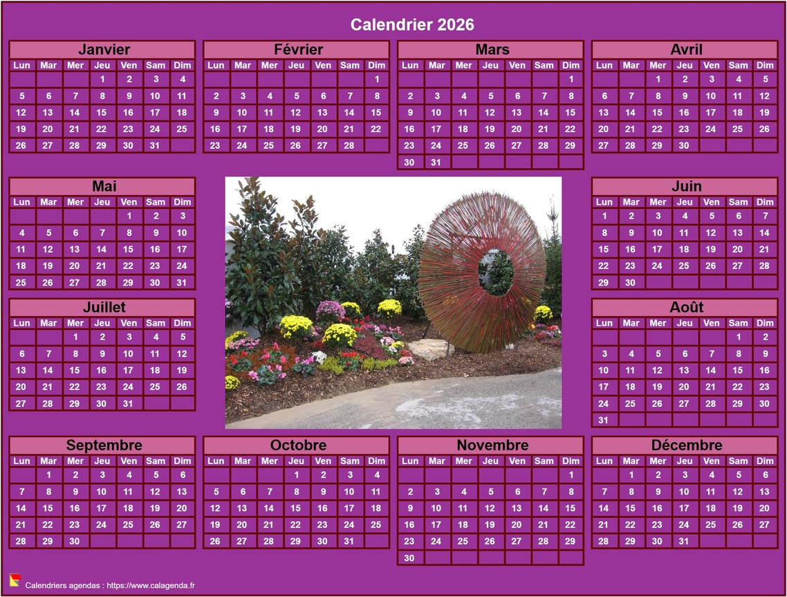 Calendrier 2026 photo annuel à imprimer, fond rose, format paysage, sous-main ou mural