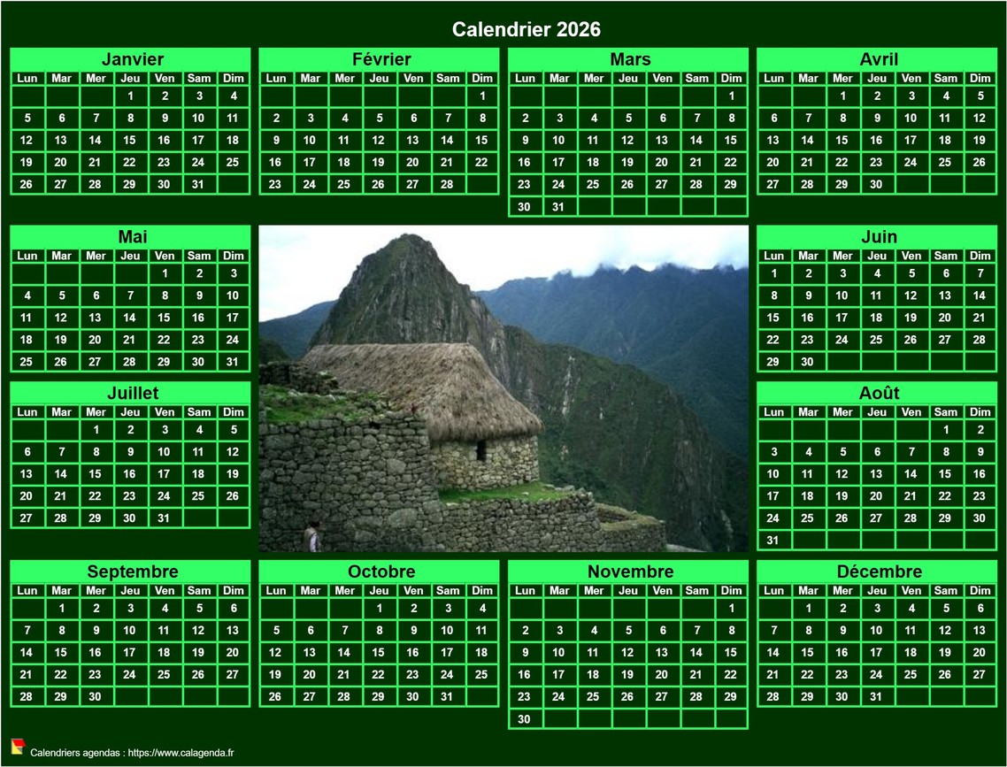 Calendrier 2026 photo annuel à imprimer, fond vert, format paysage