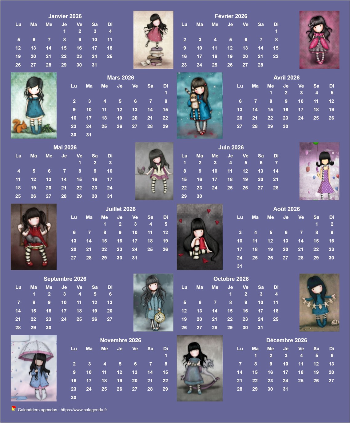 Calendrier 2026 annuel Gorjuss