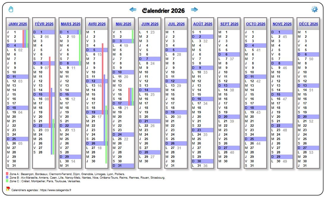 Calendrier 2026 scolaire avec agenda et les numéros de semaine Calendrier 2026 scolaire avec agenda et les numéros de semaine