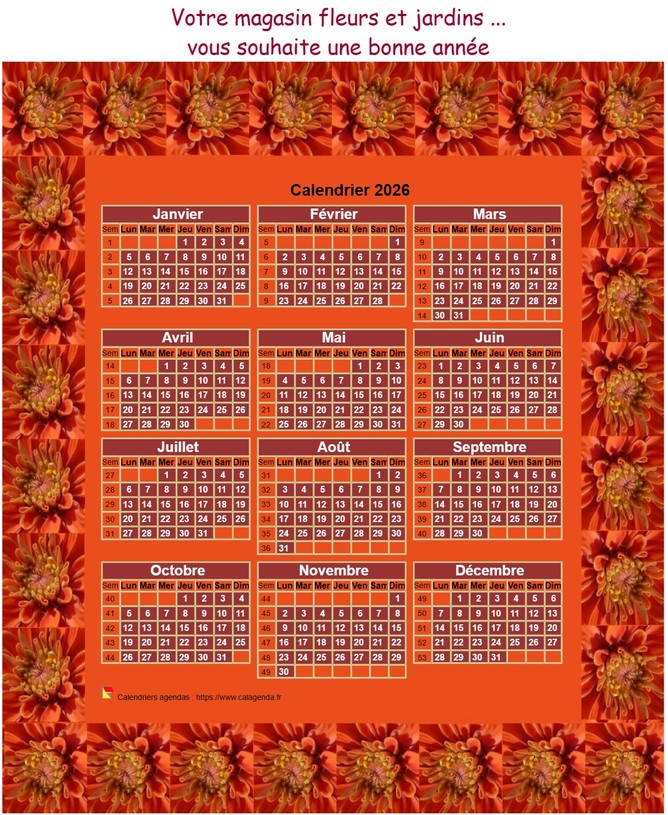 Calendrier 2026 annuel à imprimer, 3 colonnes, 4 lignes