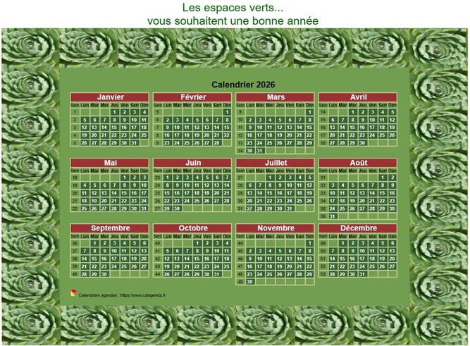 Calendrier 2026 décoratif annuel à imprimer, avec cadre photo vert