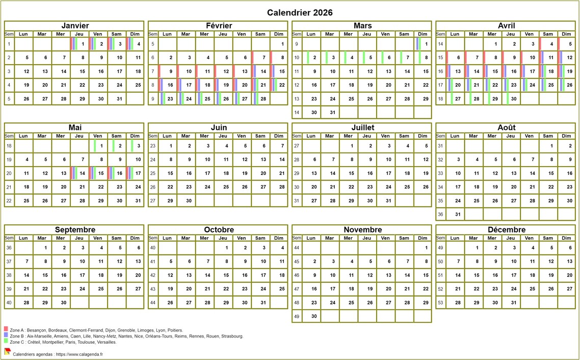 Calendrier 2026 annuel à imprimer, avec les vacances scolaires, format paysage