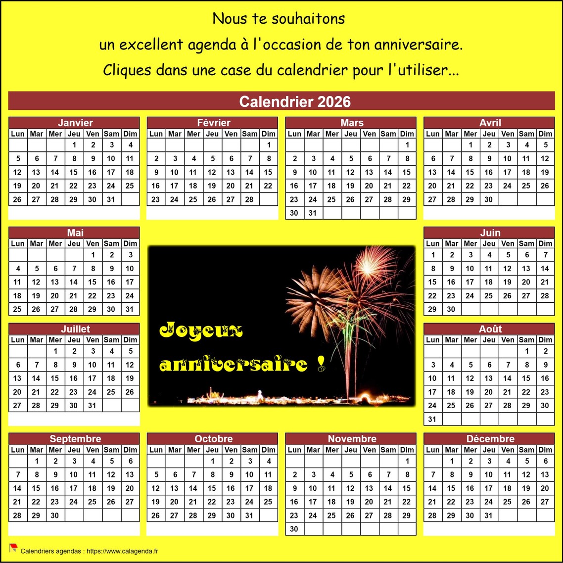 Calendrier 2026 anniversaire