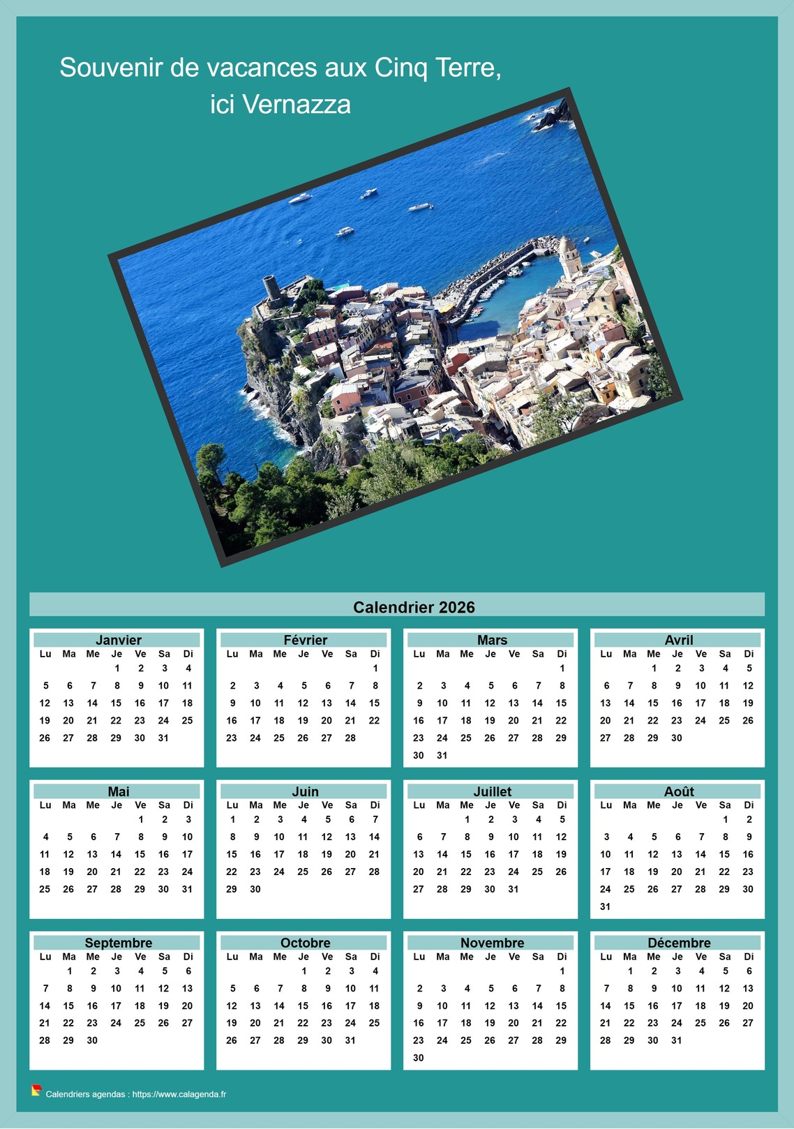 Calendrier 2026 annuel à imprimer avec photo Cinq Terres Italie