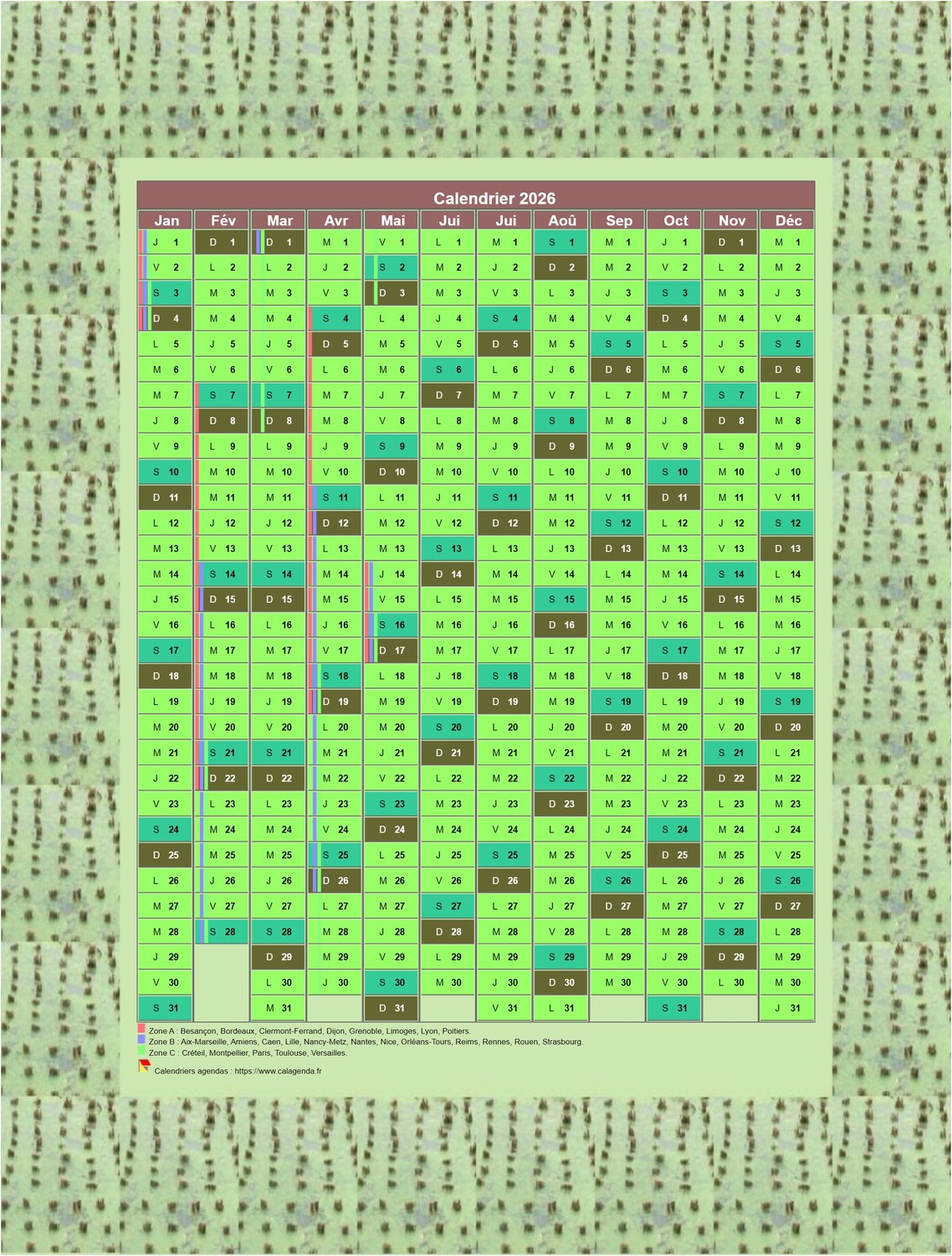 Calendrier 2026 annuel décoratif, 12 colonnes, cadre photo vert, avec les vacances scolaires