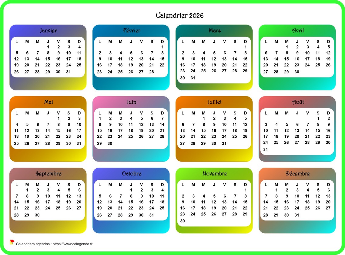 Calendrier 2026 annuel avec plusieurs dégradés de couleur