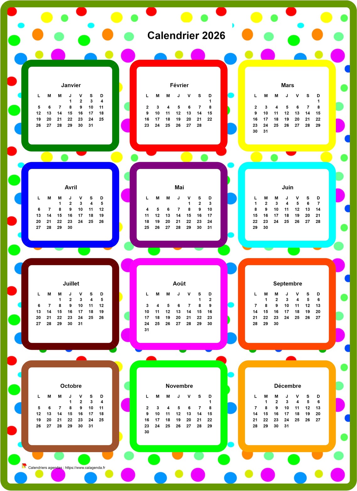 Calendrier 2026 annuel en couleurs Calendrier 2026 annuel en couleurs