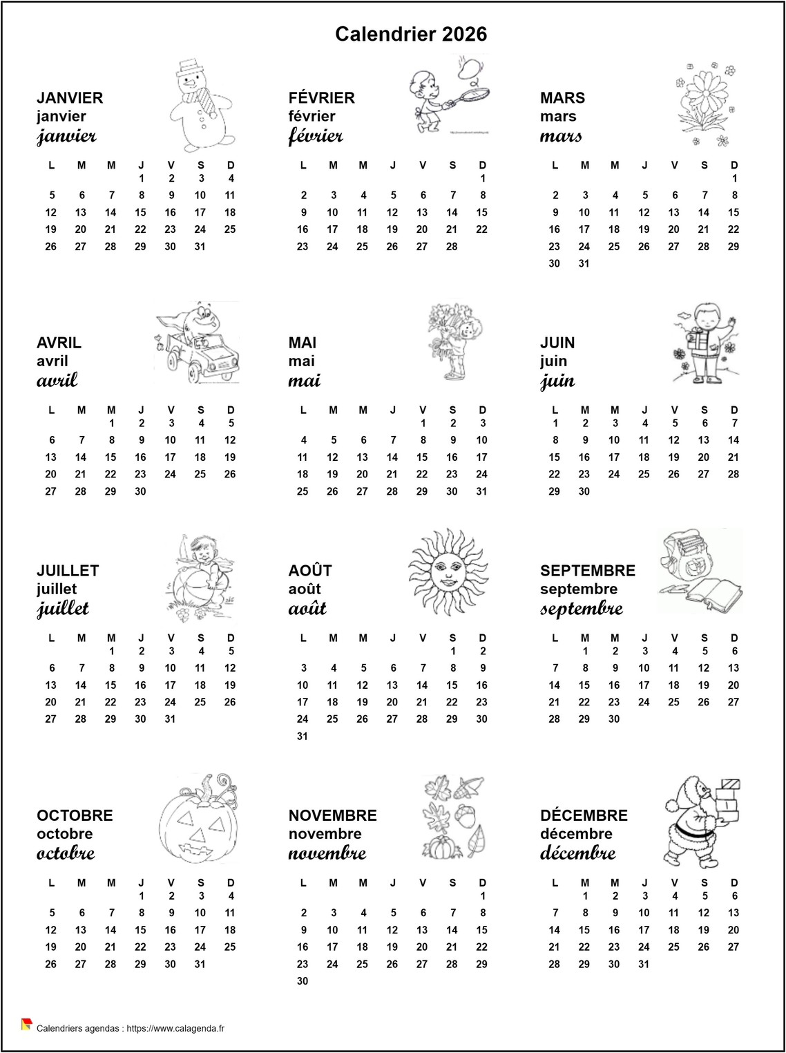 Calendrier 2026 annuel école primaire et maternelle