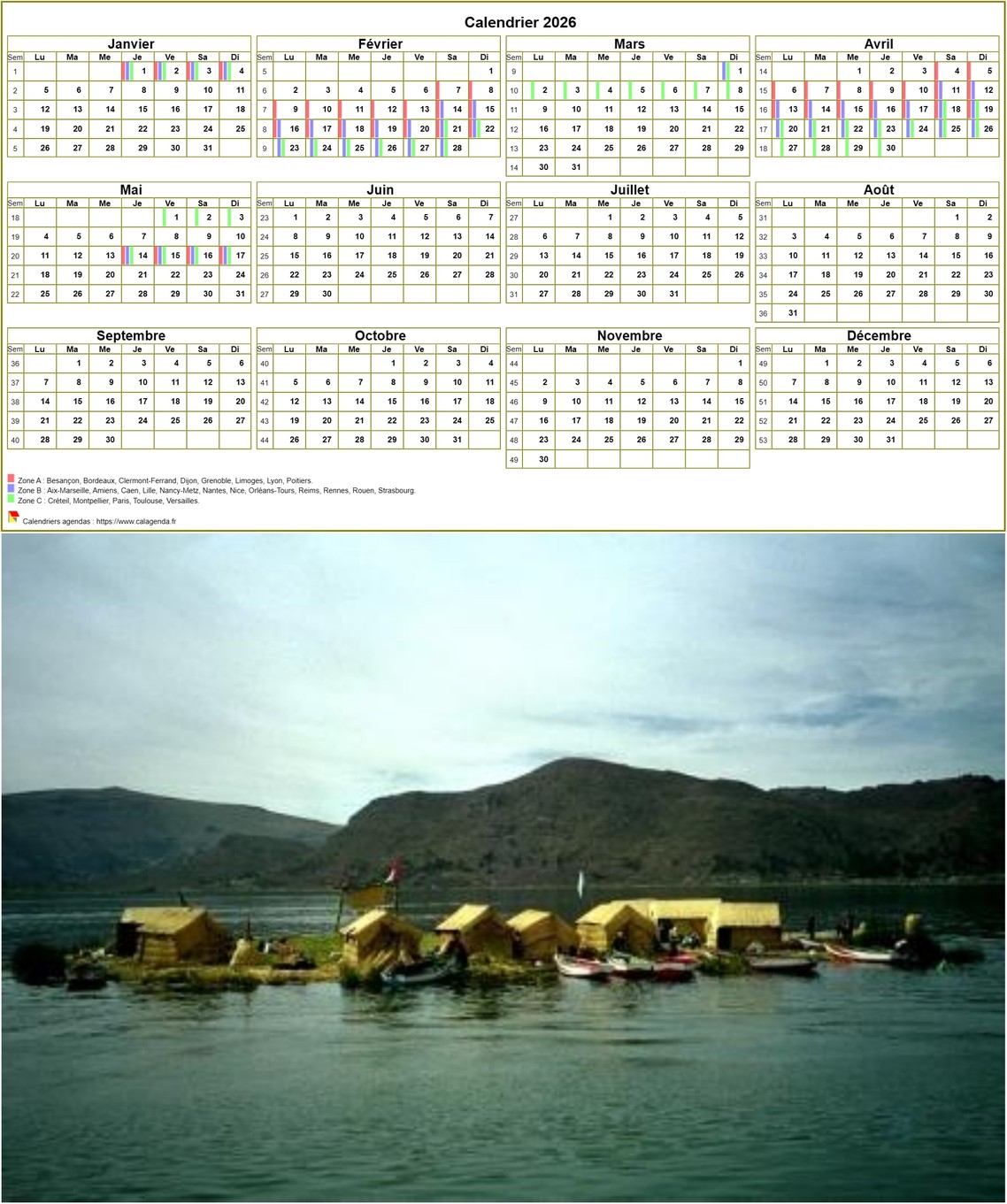 Calendrier 2026 annuel, 4 colonnes, 3 lignes, format portrait avec photo