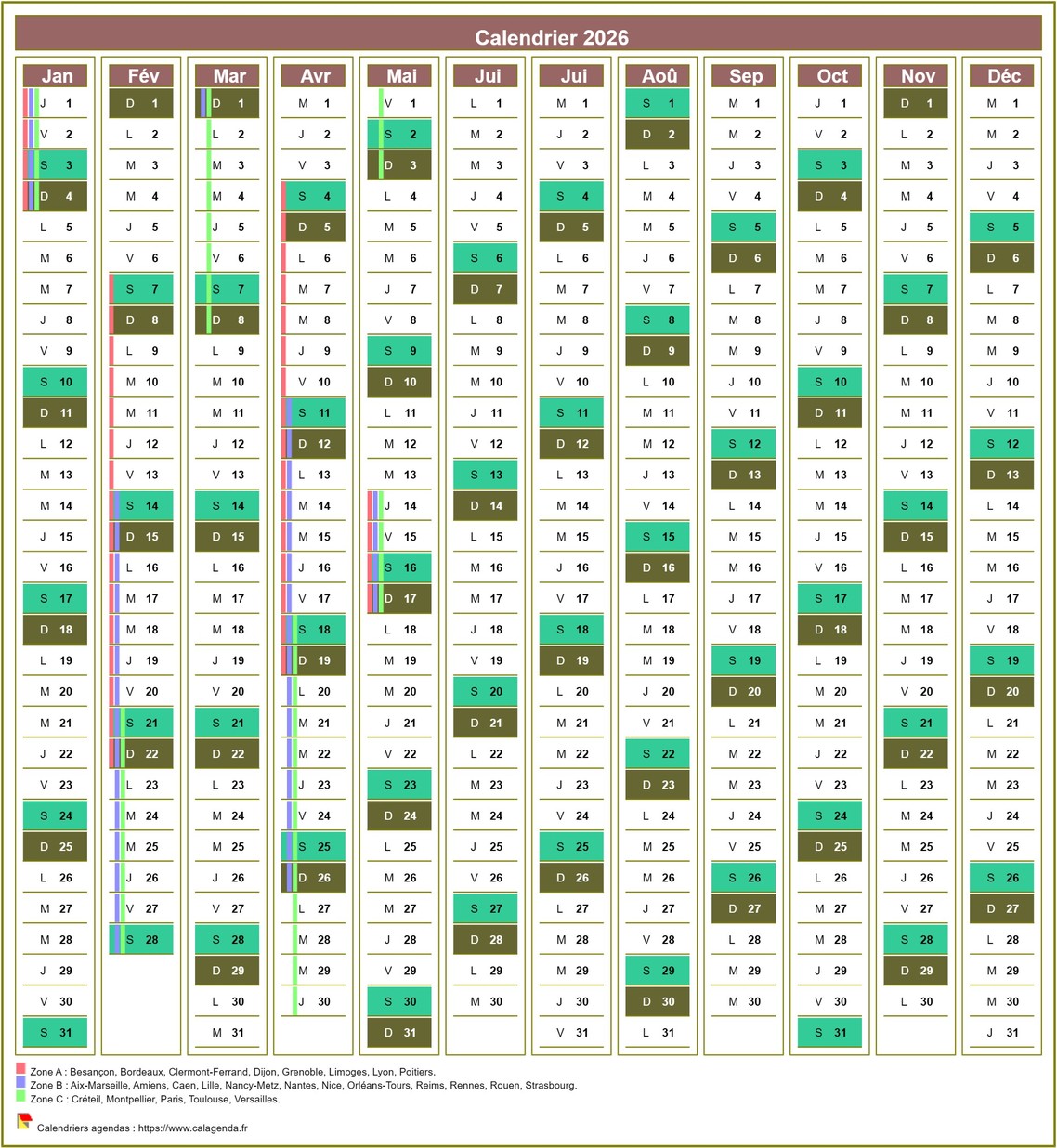 Calendrier 2026 annuel de 12 colonnes, avec agenda synthétique
