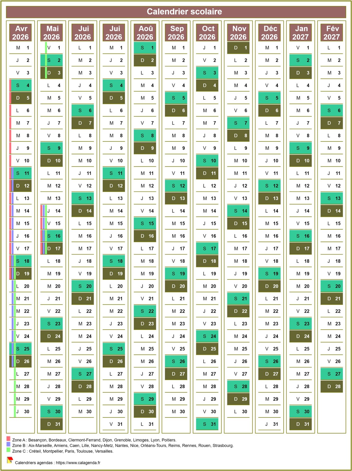 Modèle de calendrier scolaire, de septembre à juillet Modèle de calendrier scolaire, de septembre à juillet