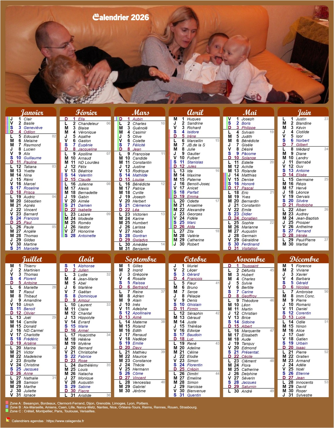 Calendrier 2026 annuel style calendrier des postes avec les vacances scolaires
