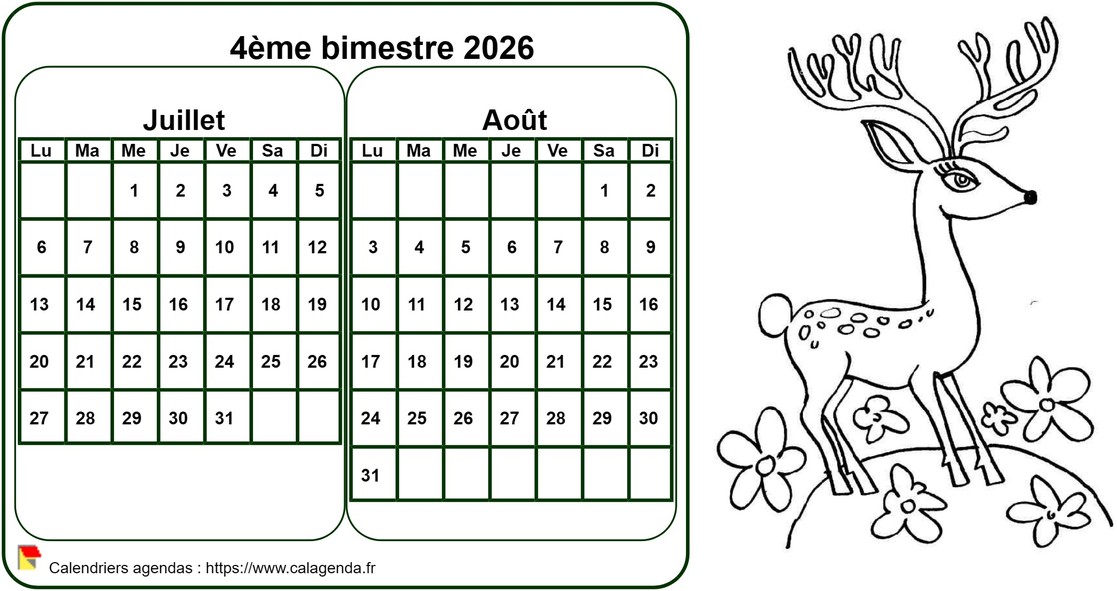 Calendrier 2026 à colorier bimestriel, format paysage, pour enfants