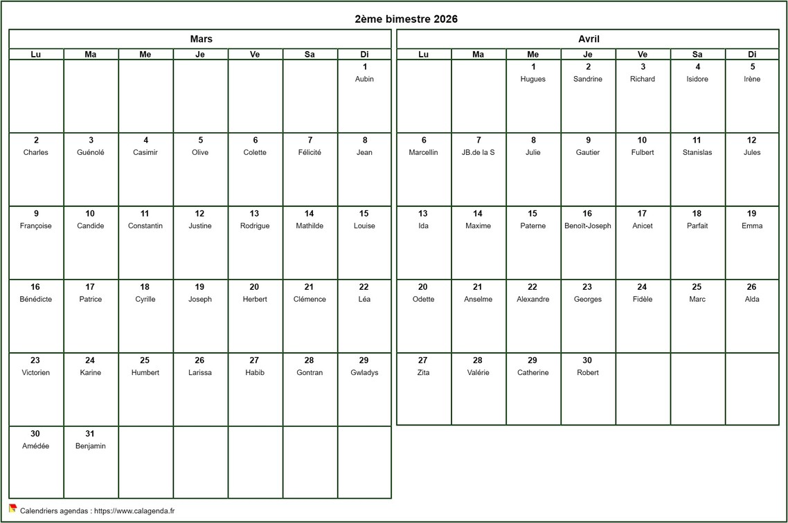 Calendrier 2026 bimestriel, format paysage, avec les fêtes