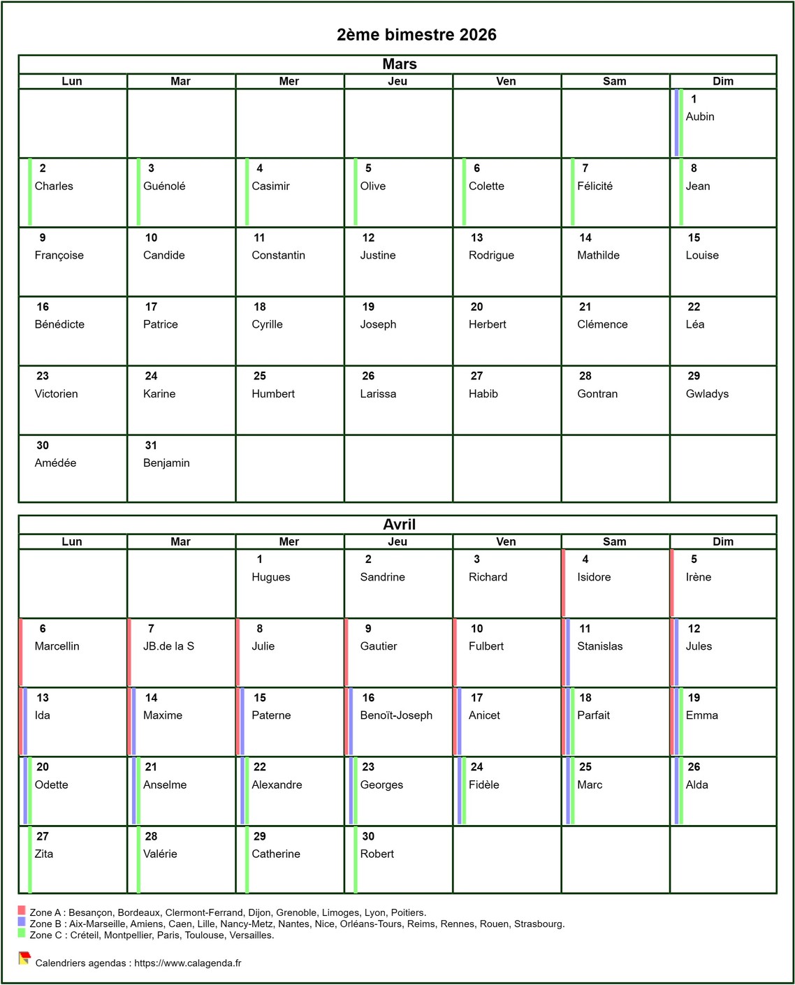 Calendrier 2026 bimestriel, format portrait, avec les fêtes et les vacances scolaires