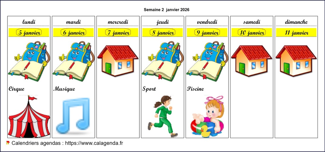 Calendrier 2026 hebdomadaire pour les écoles maternelles