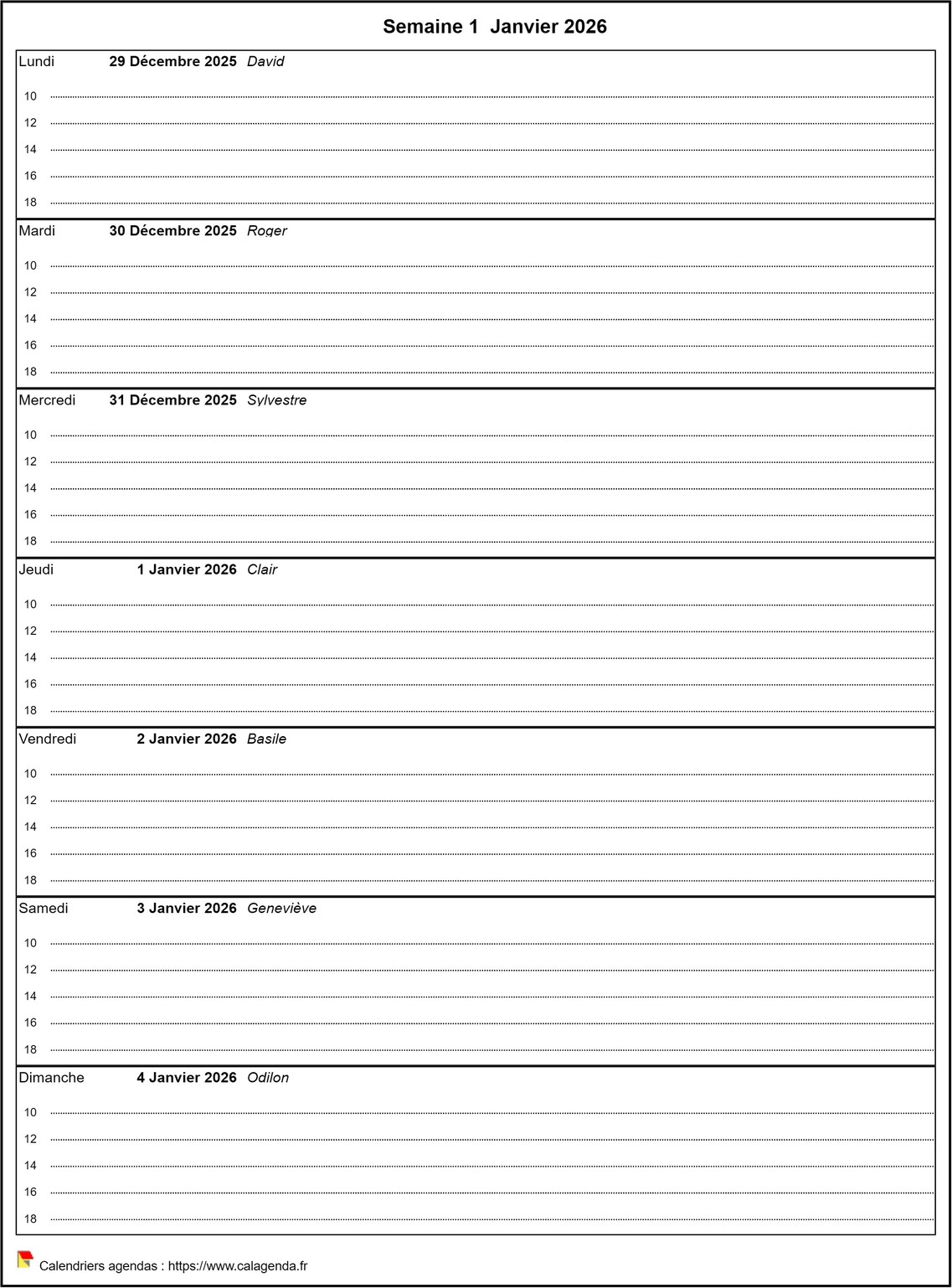 Calendrier hebdomadaire de format portrait avec grille horaire Calendrier hebdomadaire de format portrait avec grille horaire