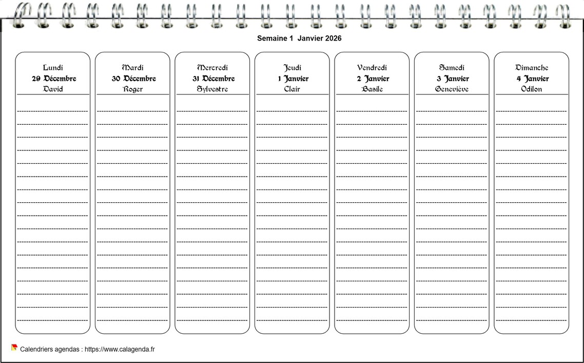 Calendrier hebdomadaire à imprimer de format paysage Calendrier hebdomadaire à imprimer de format paysage
