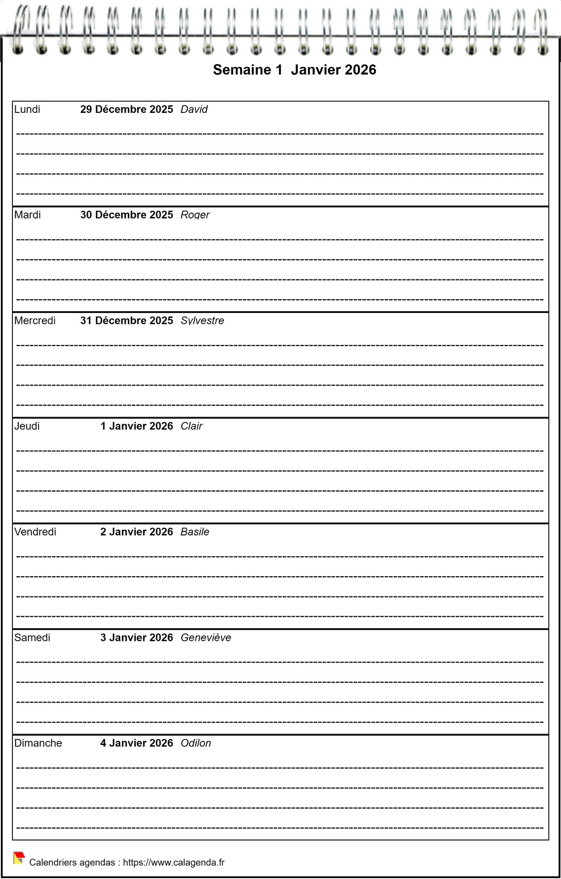 Calendrier hebdomadaire à imprimer de format portrait Calendrier hebdomadaire à imprimer de format portrait