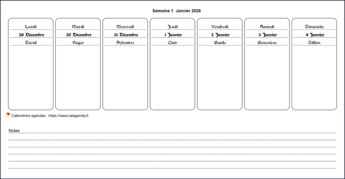 Calendrier hebdomadaire à imprimer de format paysage avec notes en bas de page Calendrier hebdomadaire à imprimer de format paysage avec notes en bas de page