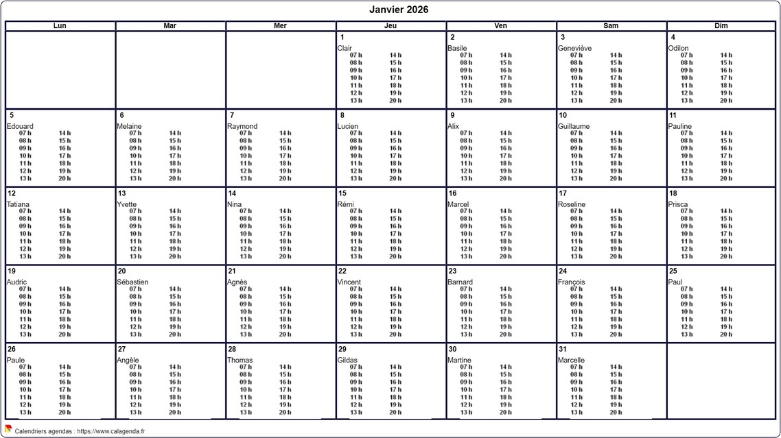 Calendrier mensuel 2026 à imprimer vierge, avec les horaires dans chaque case