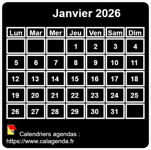 Calendrier mensuel 2026 à imprimer, fond noir, taille mini, format poche, spécial portefeuille